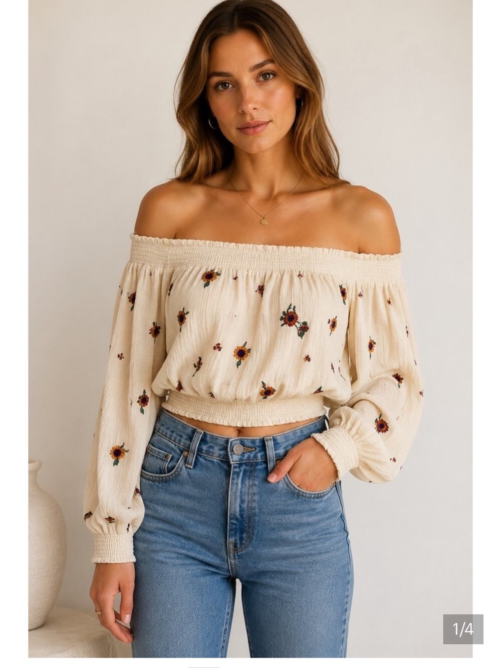 Free People Embroidered Peasant Blouse Off Shoulder
